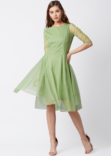 Women Green Solid Fit and Flare Dress