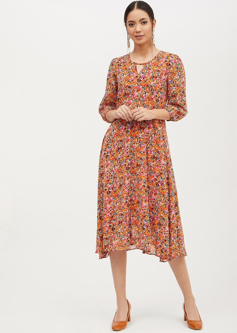 Pink & Orange Floral Printed A-Line Dress