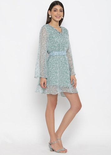 Green Floral Georgette A-Line Dress