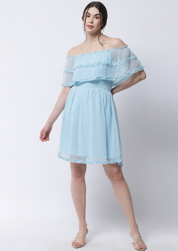 Blue Off-Shoulder Georgette Blouson Dress