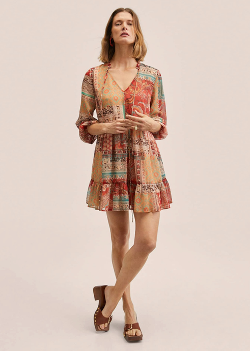 Women Rust Orange & Mustard Yellow Ethnic Motifs Puff Sleeves A-Line Dress