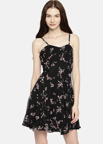 Black Floral Printed Fit and Flare Dress