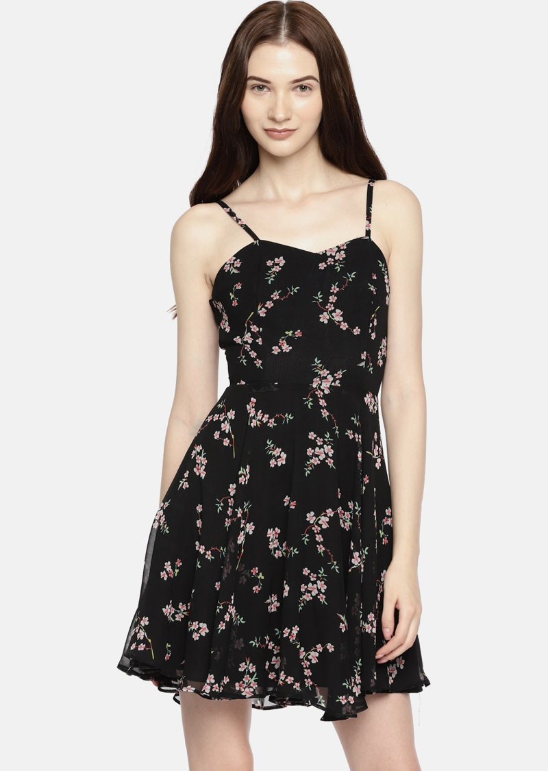 Black Floral Printed Fit and Flare Dress
