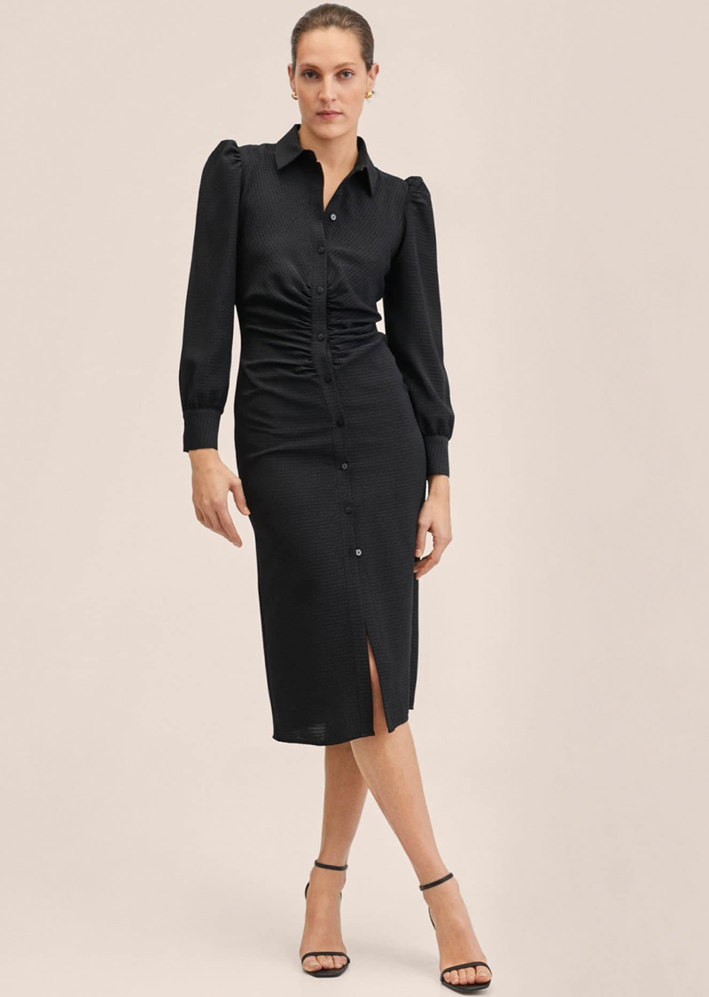 Black Dobby Weave Shirt Midi Dress